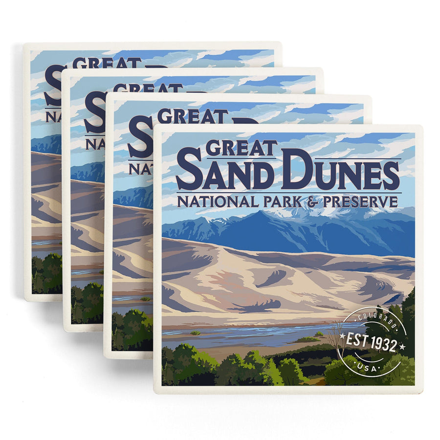 Great Sand Dunes National Park & Preserve, Colorado, Rubber Stamp, Lantern Press Artwork, Coaster Set - Lantern Press