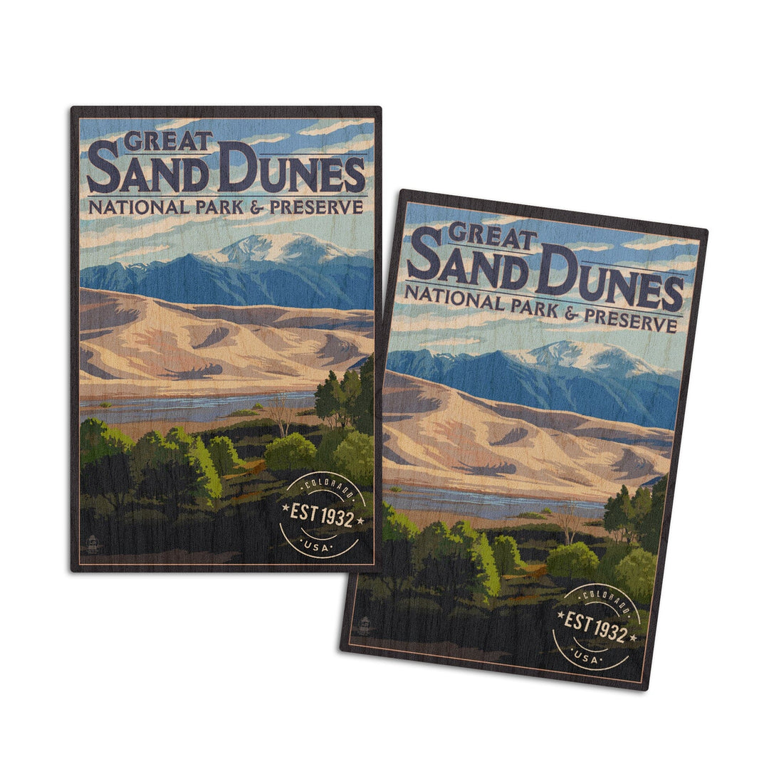 Great Sand Dunes National Park & Preserve, Colorado, Rubber Stamp, Lantern Press Artwork, Wood Signs and Postcards Wood Lantern Press 4x6 Wood Postcard Set 
