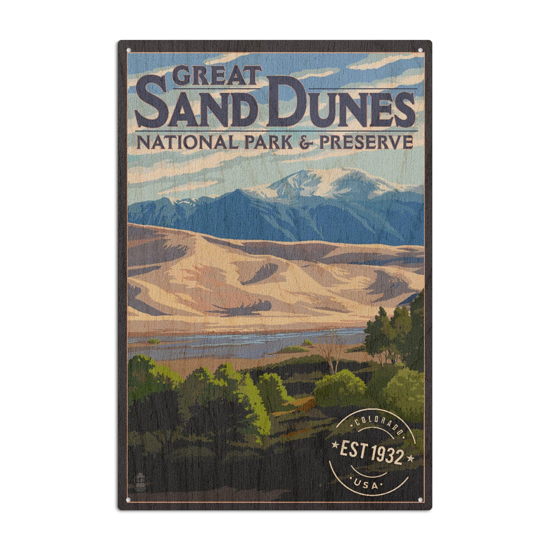 Great Sand Dunes National Park & Preserve, Colorado, Rubber Stamp, Lantern Press Artwork, Wood Signs and Postcards Wood Lantern Press 6x9 Wood Sign 