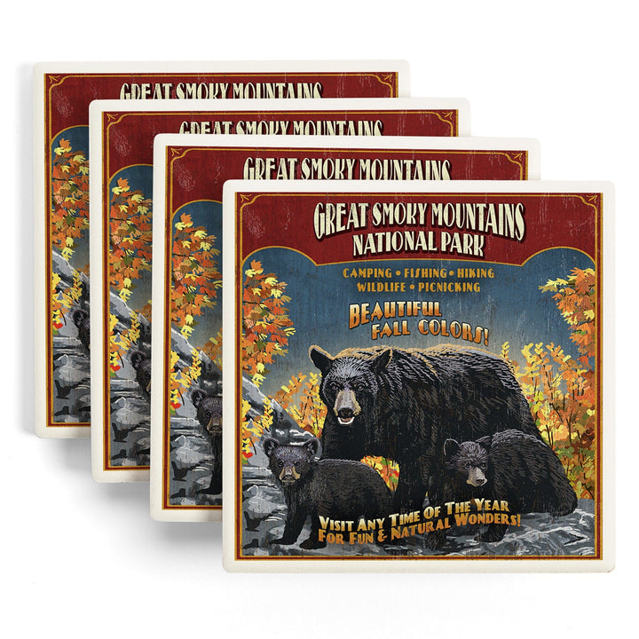 Great Smoky Mountain National Park, Tennessee, Black Bears Vintage Sign, Coasters Coasters Lantern Press 