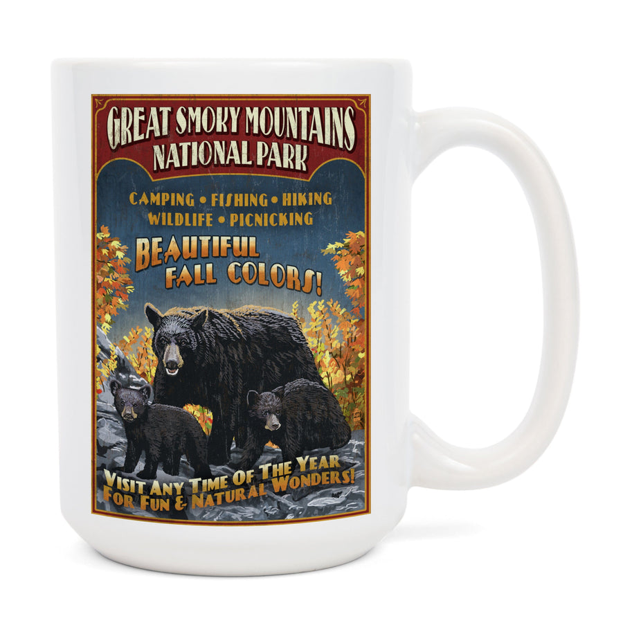Great Smoky Mountain National Park, Tennessee, Black Bears Vintage Sign, Lantern Press Artwork, Ceramic Mug Mugs Lantern Press 