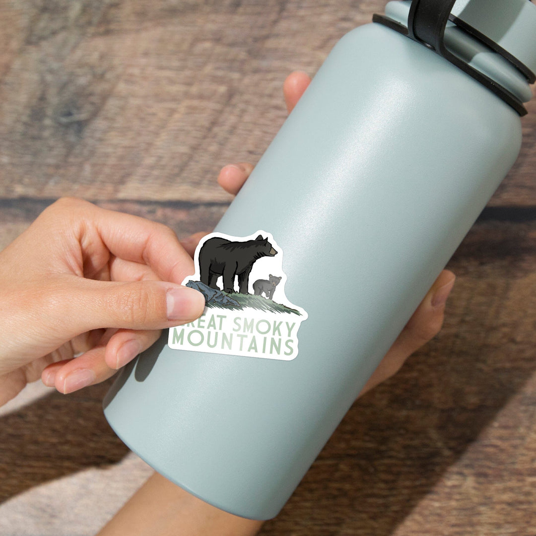 Great Smoky Mountains, Black Bear & Cub, Contour, Lantern Press Artwork, Vinyl Sticker - Lantern Press