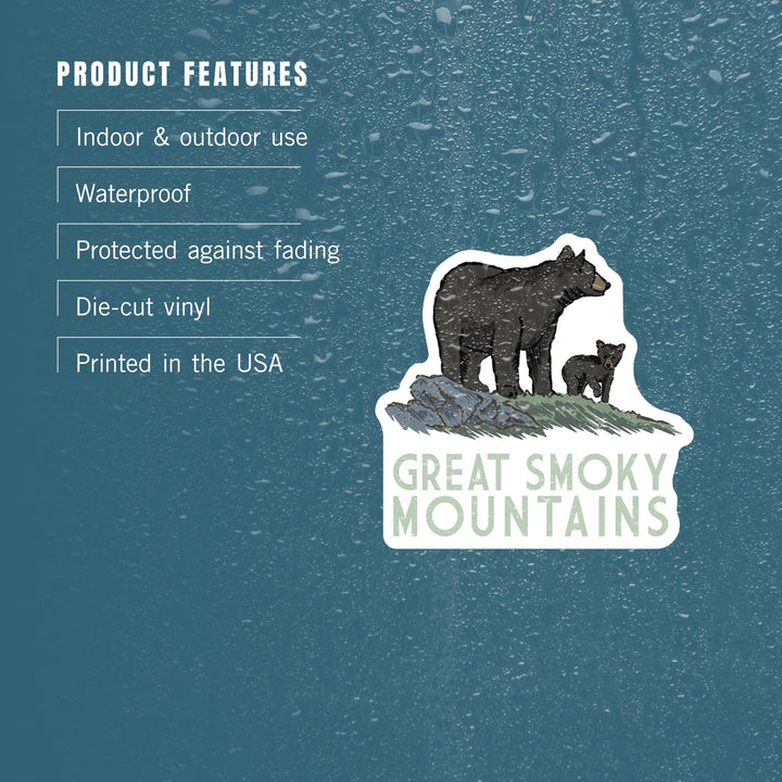 Great Smoky Mountains, Black Bear & Cub, Contour, Lantern Press Artwork, Vinyl Sticker - Lantern Press