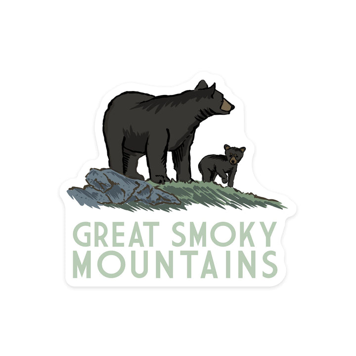 Great Smoky Mountains, Black Bear & Cub, Contour, Lantern Press Artwork, Vinyl Sticker - Lantern Press