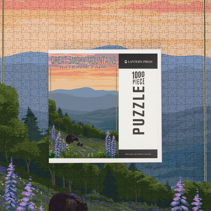 Great Smoky Mountains National Park, Bear and Spring Flowers, Jigsaw Puzzle Puzzle Lantern Press 
