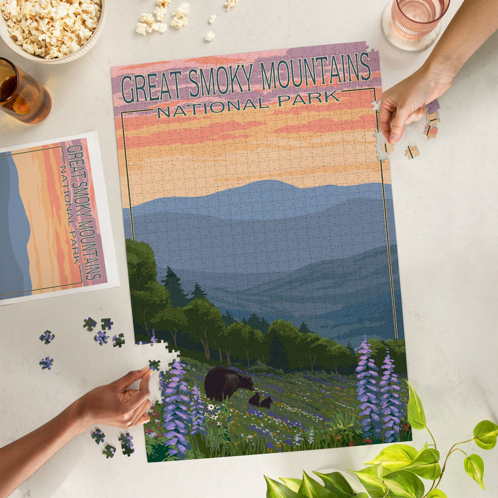 Great Smoky Mountains National Park, Bear and Spring Flowers, Jigsaw Puzzle Puzzle Lantern Press 