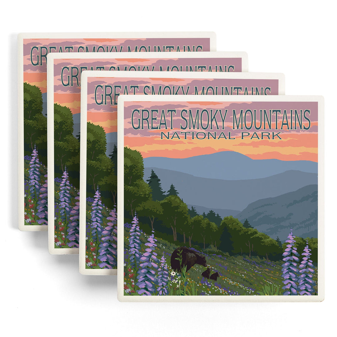 Great Smoky Mountains National Park, Bear and Spring Flowers, Lantern Press Artwork, Coaster Set - Lantern Press