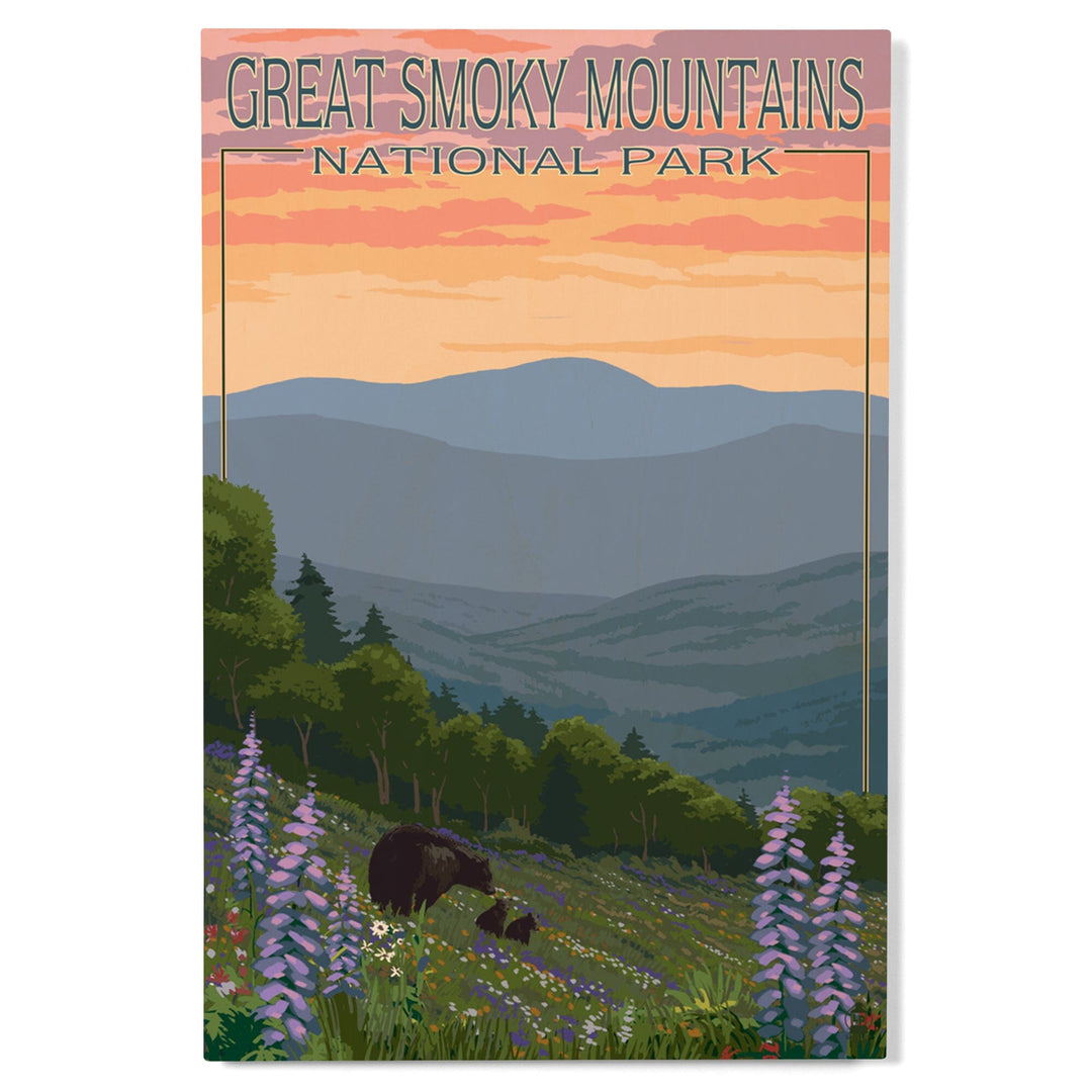 Great Smoky Mountains National Park, Bear and Spring Flowers, Lantern Press Artwork, Wood Signs and Postcards Wood Lantern Press 