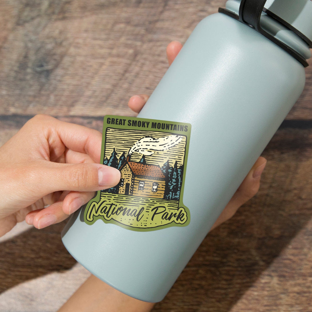 Great Smoky Mountains National Park, Cabin in the Woods, Badge, Contour, Lantern Press Artwork, Vinyl Sticker - Lantern Press