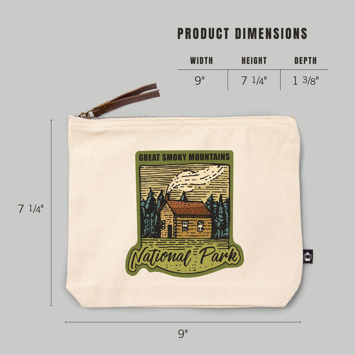Great Smoky Mountains National Park, Cabin in the Woods, Badge,, Organic Cotton Zipper Pouch, Go Bag Go Bag Lantern Press 