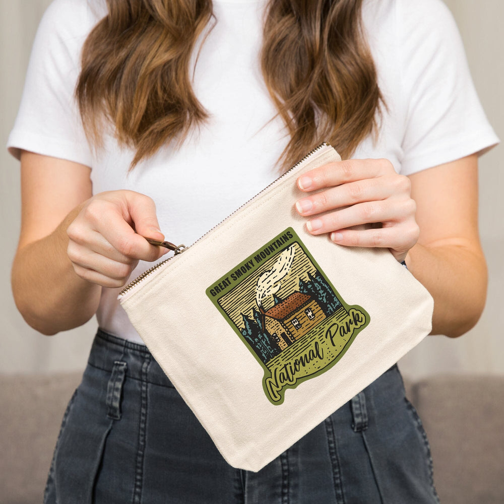 Great Smoky Mountains National Park, Cabin in the Woods, Badge,, Organic Cotton Zipper Pouch, Go Bag Go Bag Lantern Press 
