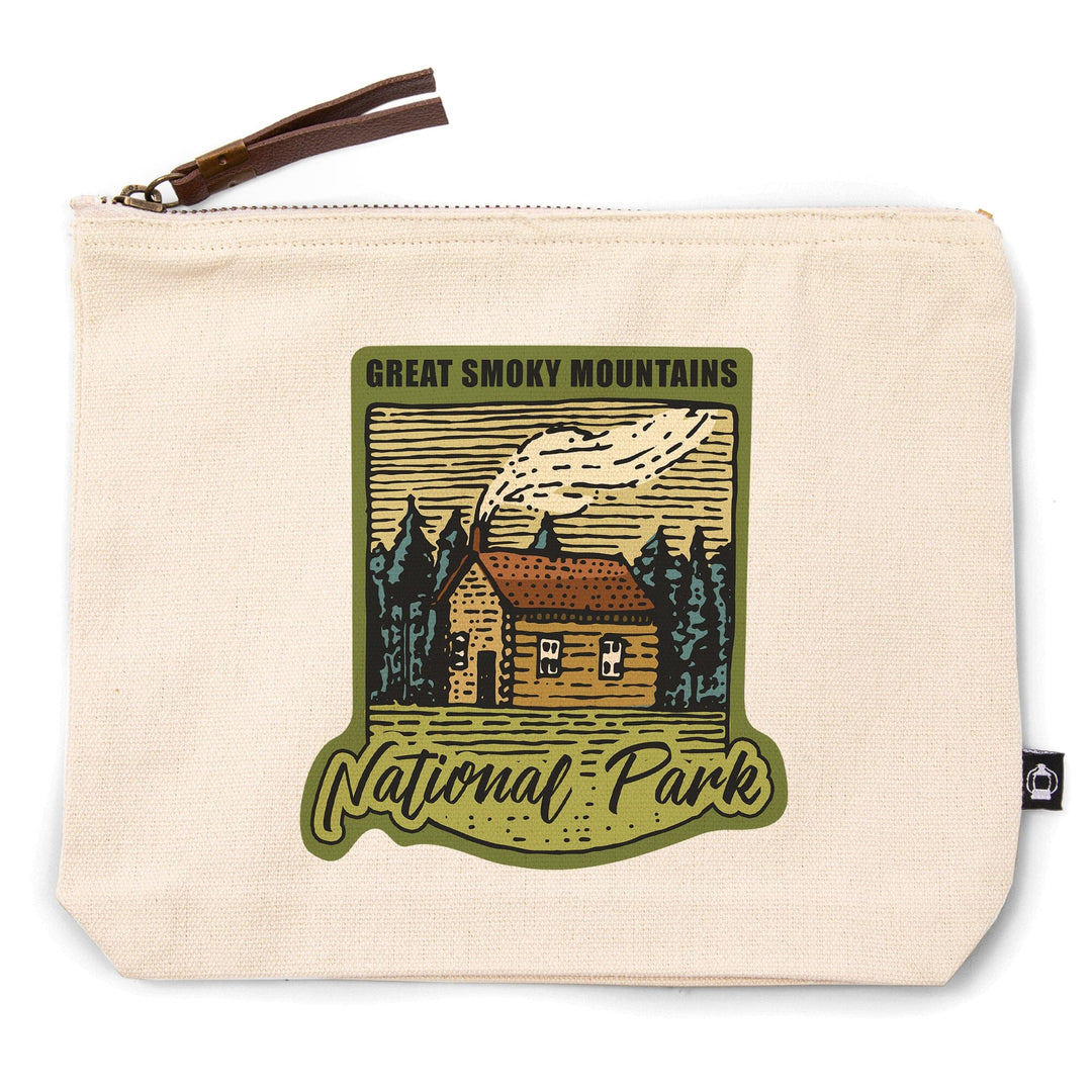 Great Smoky Mountains National Park, Cabin in the Woods, Badge,, Organic Cotton Zipper Pouch, Go Bag Go Bag Lantern Press 