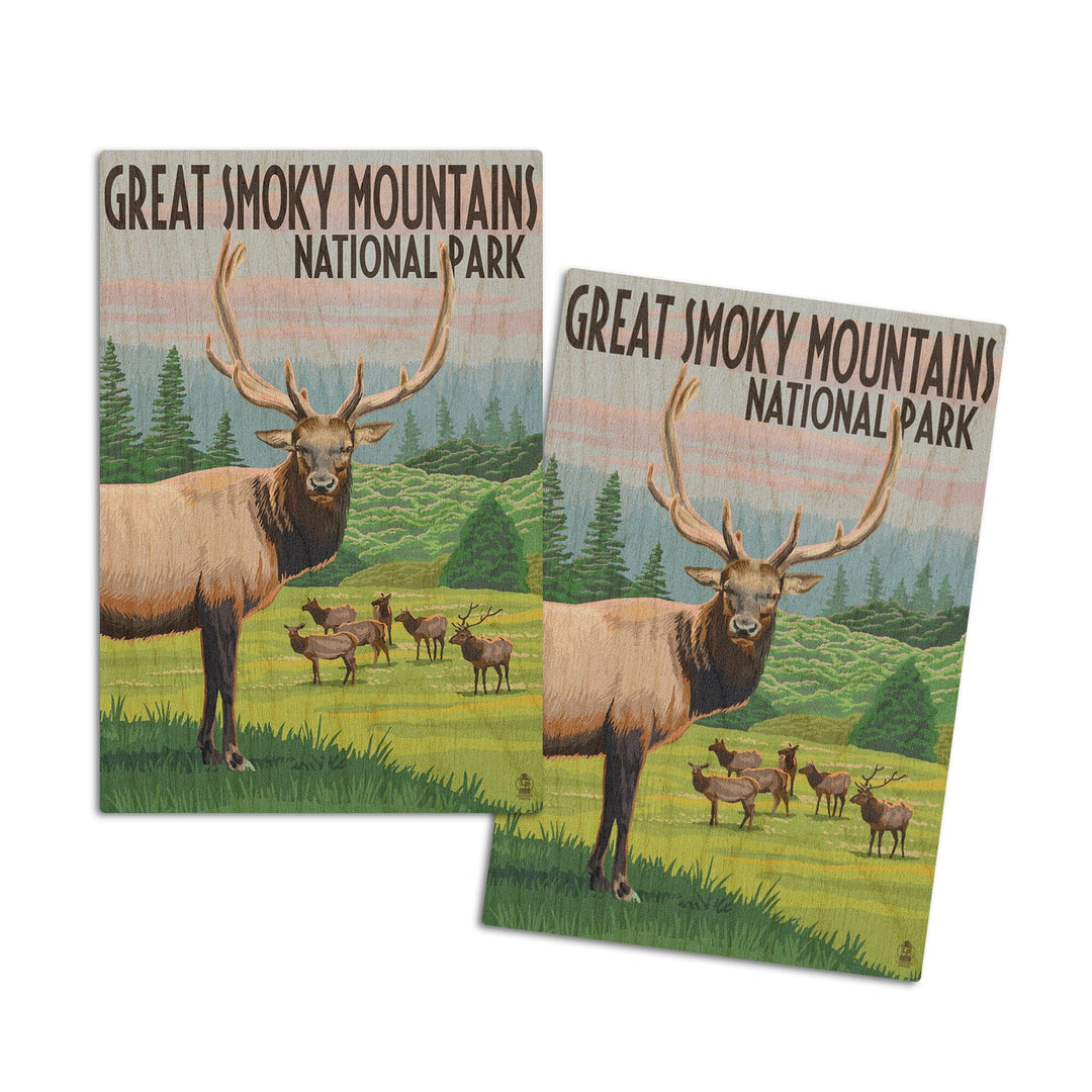 Great Smoky Mountains National Park, Elk Herd, Lantern Press Artwork, Wood Signs and Postcards Wood Lantern Press 4x6 Wood Postcard Set 