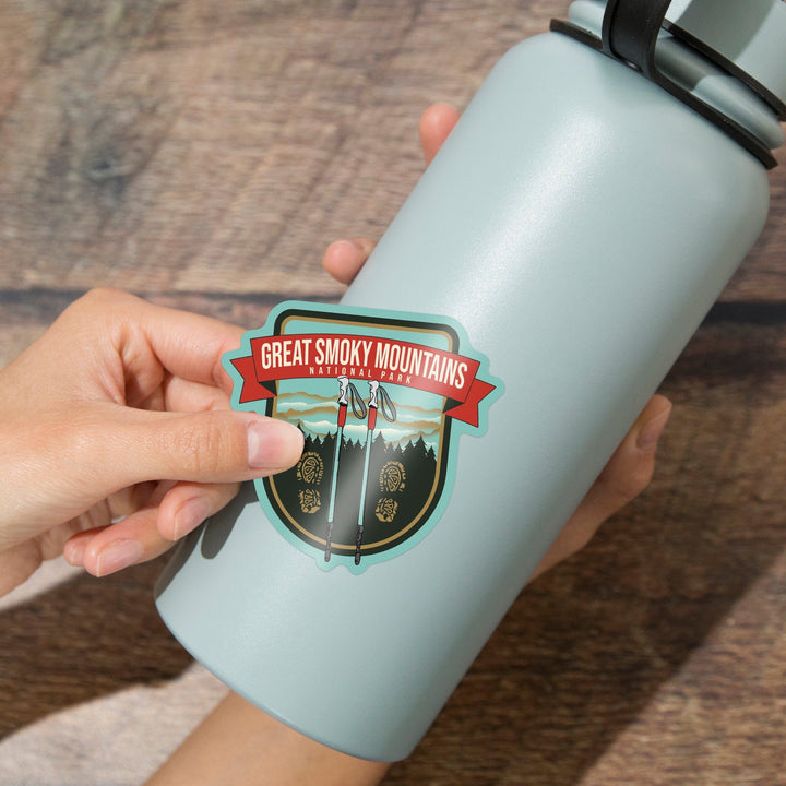 Great Smoky Mountains National Park, Hiking Poles & Shoe Prints, Contour, Lantern Press Artwork, Vinyl Sticker - Lantern Press