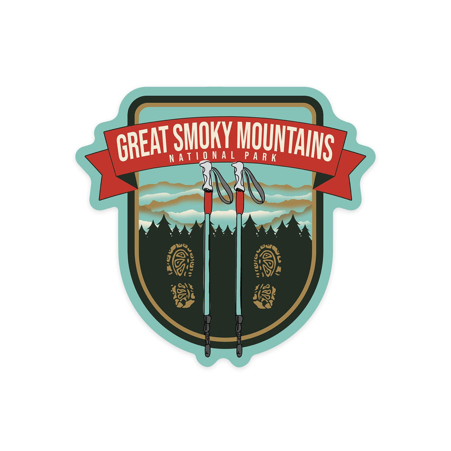 Great Smoky Mountains National Park, Hiking Poles & Shoe Prints, Contour, Lantern Press Artwork, Vinyl Sticker - Lantern Press