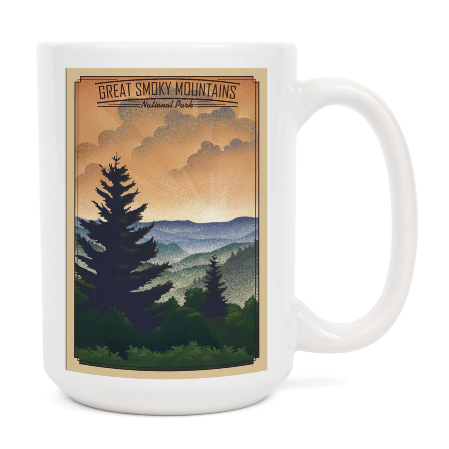 Great Smoky Mountains National Park, Newfound Gap, Lithograph National Park Series, Lantern Press Artwork, Ceramic Mug Mugs Lantern Press 