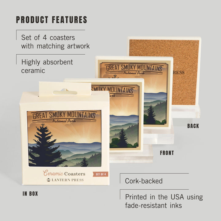 Great Smoky Mountains National Park, Newfound Gap, Lithograph National Park Series, Lantern Press Artwork, Coaster Set - Lantern Press