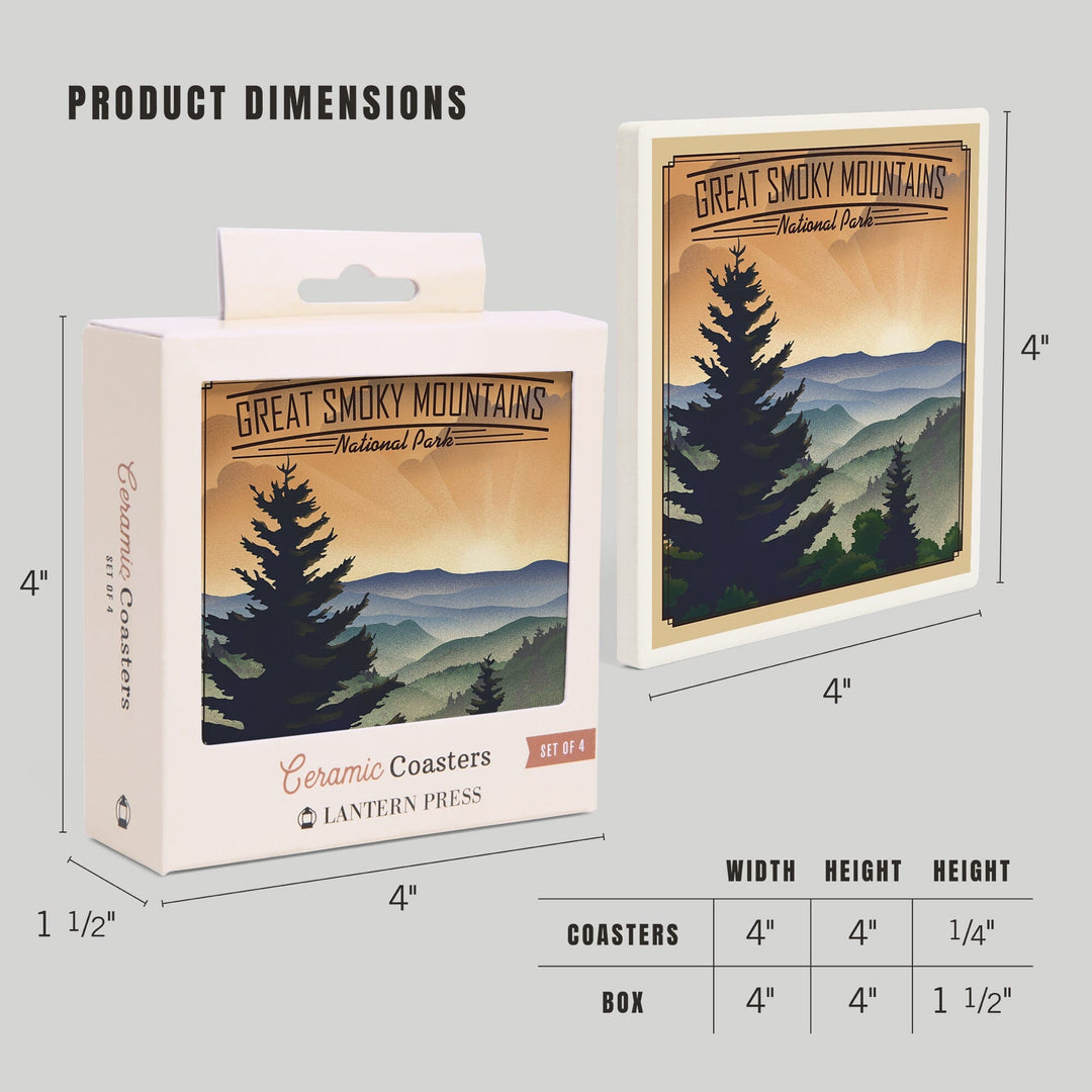 Great Smoky Mountains National Park, Newfound Gap, Lithograph National Park Series, Lantern Press Artwork, Coaster Set - Lantern Press