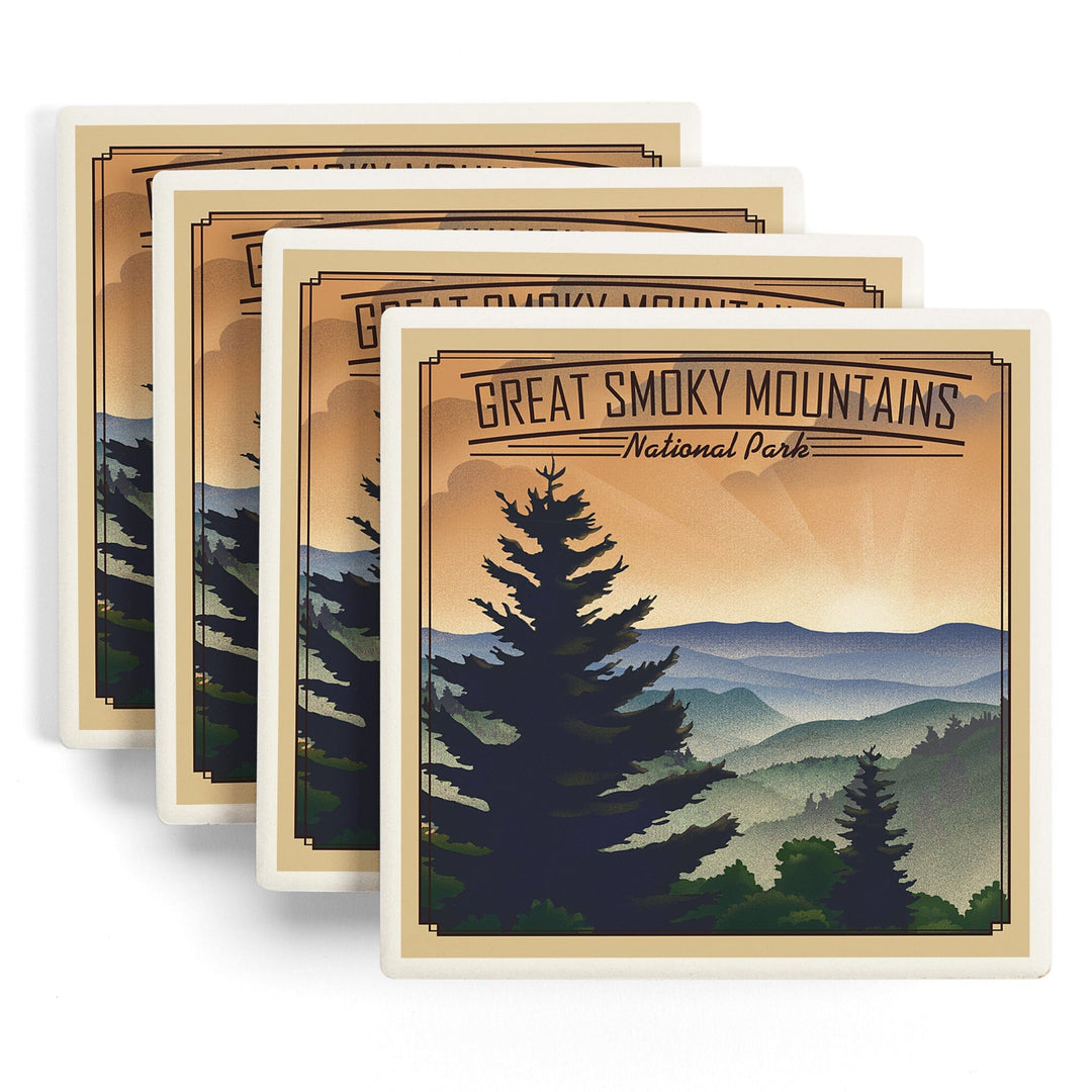 Great Smoky Mountains National Park, Newfound Gap, Lithograph National Park Series, Lantern Press Artwork, Coaster Set - Lantern Press