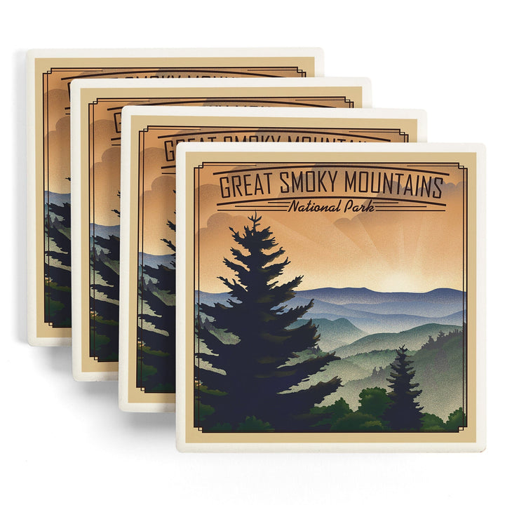 Great Smoky Mountains National Park, Newfound Gap, Lithograph National Park Series, Lantern Press Artwork, Coaster Set - Lantern Press