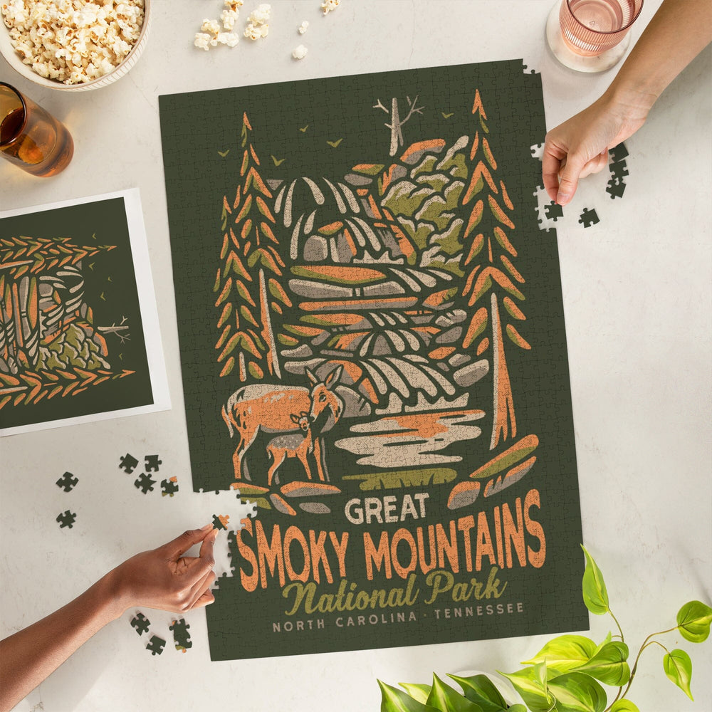 Great Smoky Mountains National Park, North Carolina, Distressed Vector, Jigsaw Puzzle Puzzle Lantern Press 