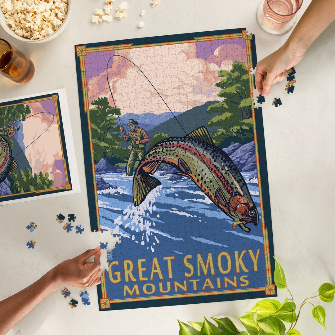 Great Smoky Mountains National Park, Tennessee, Angler Fly Fishing Scene, Jigsaw Puzzle Puzzle Lantern Press 