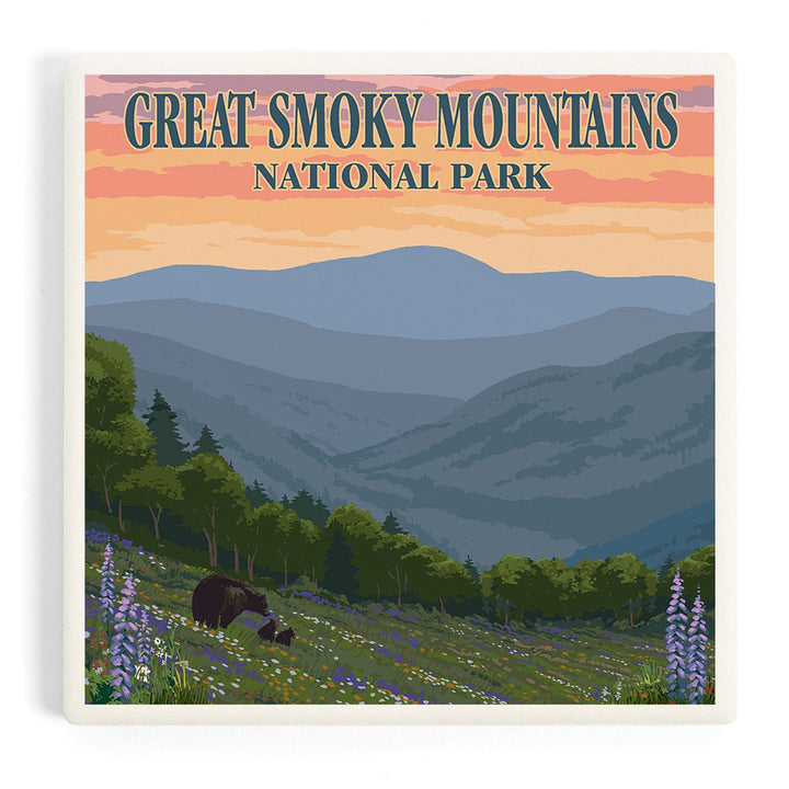 Great Smoky Mountains National Park, Tennessee, Bear and Spring Flowers Press, Coasters Coasters Lantern Press Coaster 