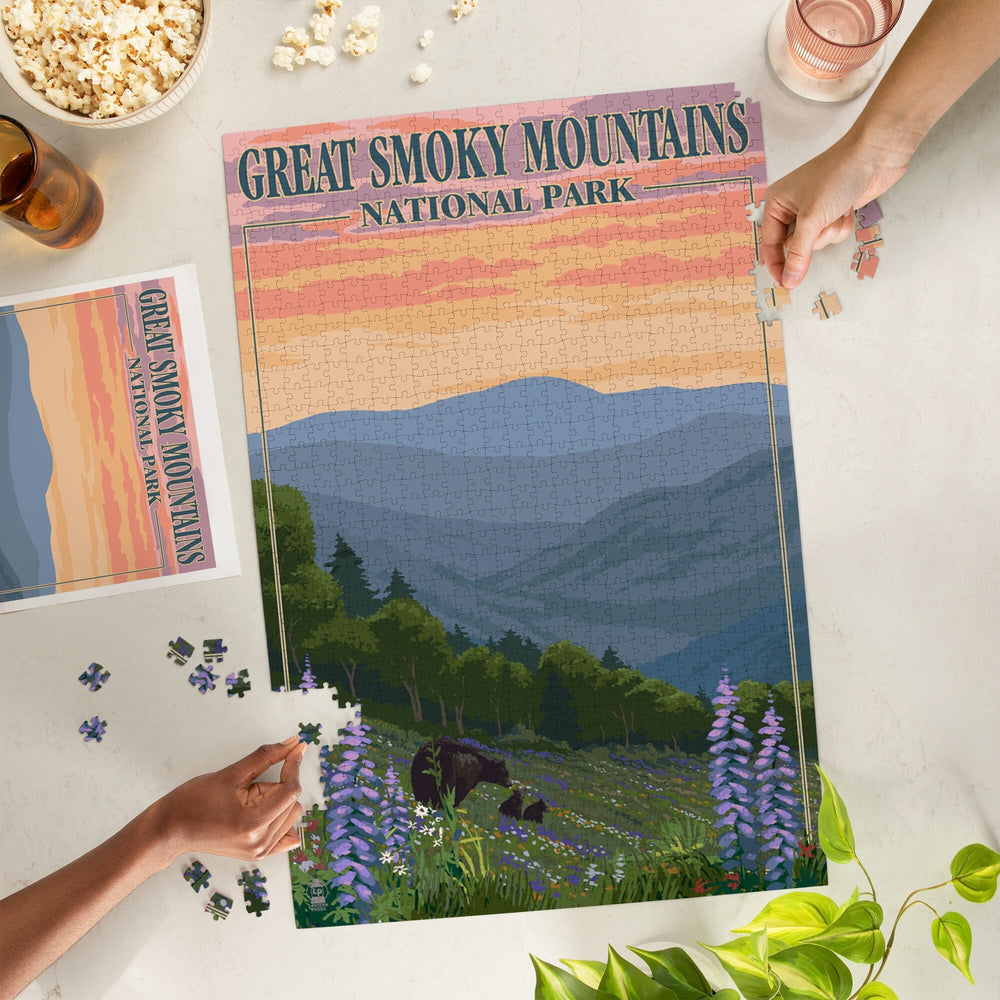 Great Smoky Mountains National Park, Tennessee, Bear and Spring Flowers Press, Jigsaw Puzzle Puzzle Lantern Press 