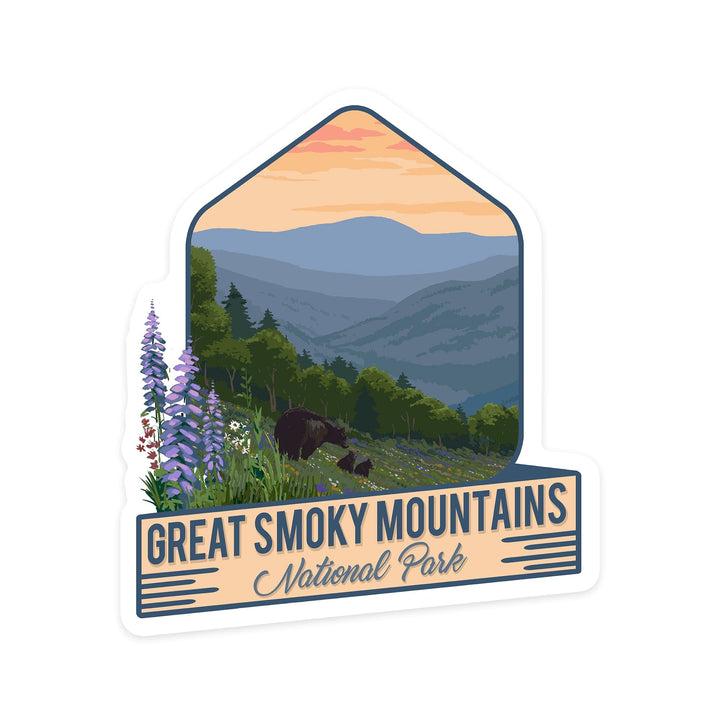 Great Smoky Mountains National Park, Tennessee, Bear & Spring Flowers, Contour, Lantern Press Artwork, Vinyl Sticker Sticker Lantern Press 