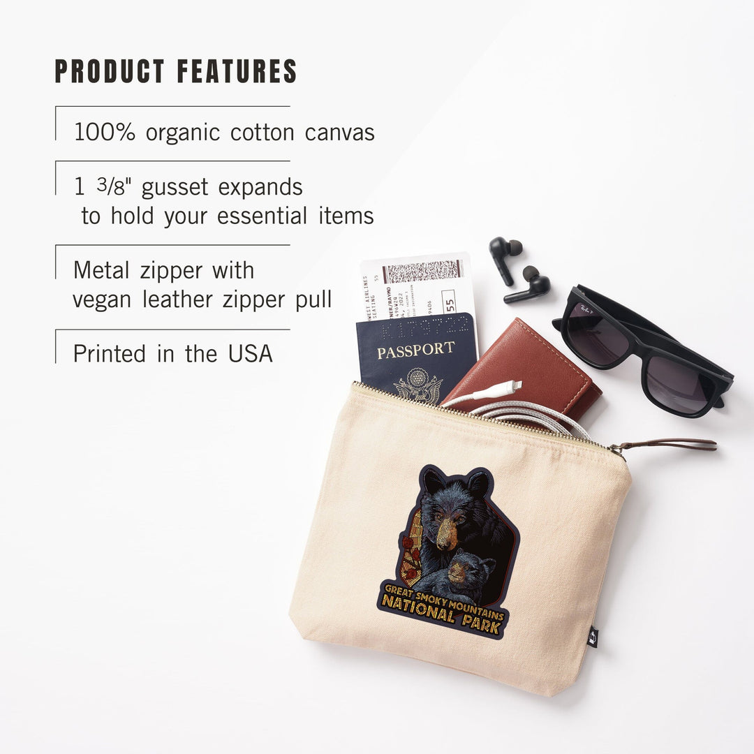 Great Smoky Mountains National Park, Tennessee, Black Bears, Mosaic,, Organic Cotton Zipper Pouch, Go Bag Go Bag Lantern Press 