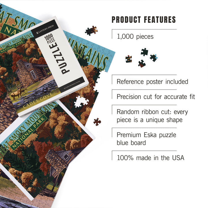 Great Smoky Mountains National Park, Tennessee, Cades Cove and John Oliver Cabin Press, Jigsaw Puzzle Puzzle Lantern Press 