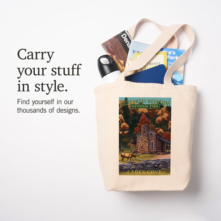 Great Smoky Mountains National Park, Tennessee, Cades Cove and John Oliver Cabin Press, Tote Bag Totes Lantern Press 