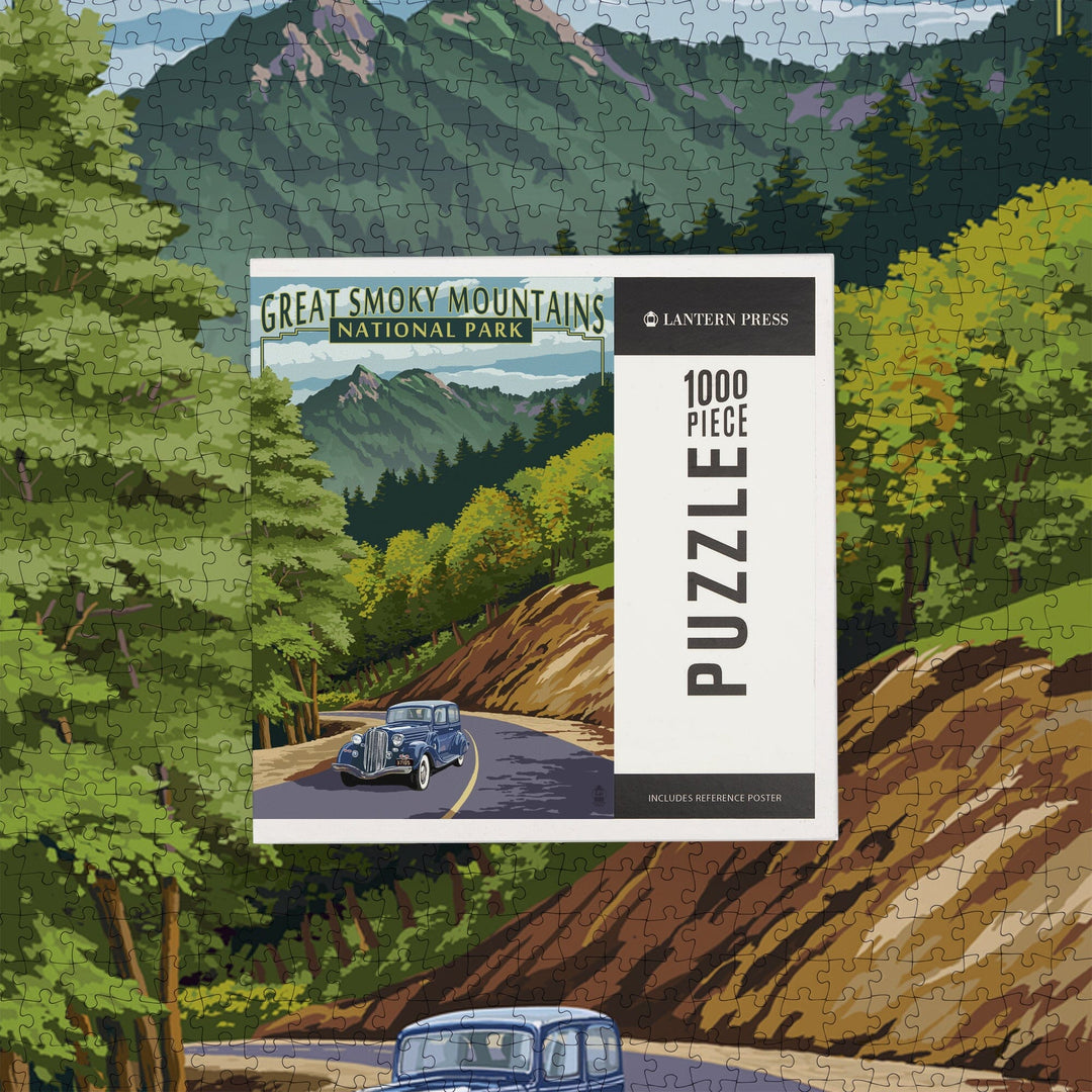 Great Smoky Mountains National Park, Tennessee, Chimney Tops and Road, Jigsaw Puzzle Puzzle Lantern Press 