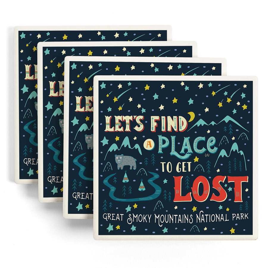 Great Smoky Mountains National Park, Tennessee, Let's Find a Place to Get Lost, Lantern Press, Coaster Set - Lantern Press