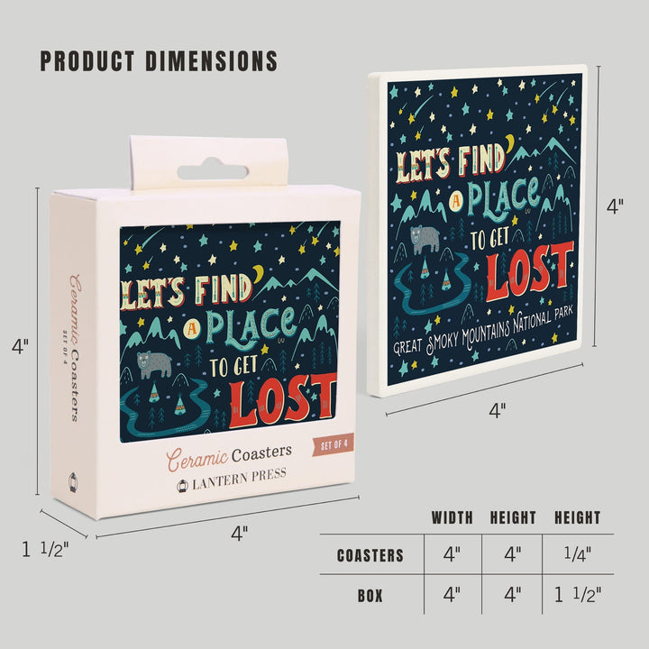 Great Smoky Mountains National Park, Tennessee, Let's Find a Place to Get Lost, Lantern Press, Coaster Set - Lantern Press