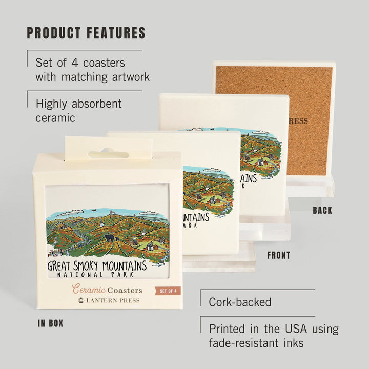 Great Smoky Mountains National Park, Tennessee, Line Drawing, Fall Version Press, Coasters Coasters Lantern Press 