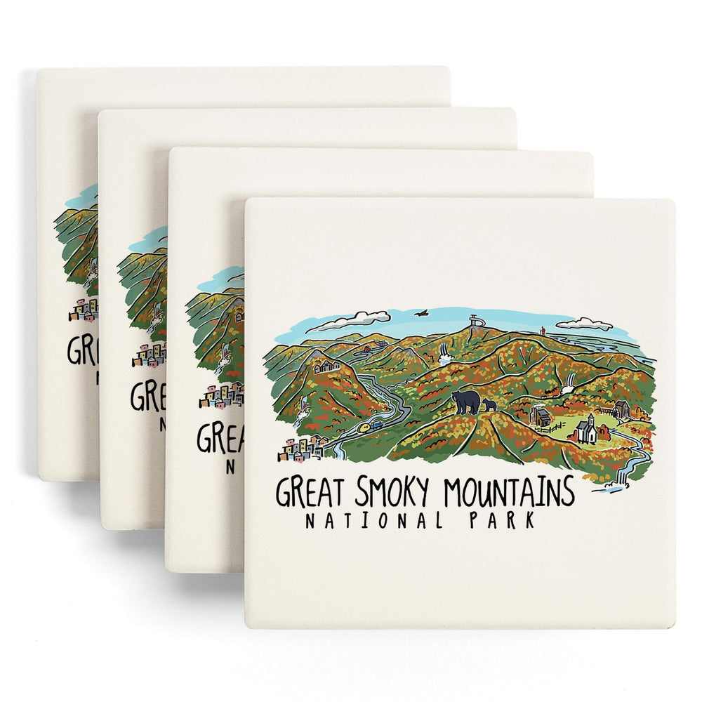 Great Smoky Mountains National Park, Tennessee, Line Drawing, Fall Version Press, Coasters Coasters Lantern Press 