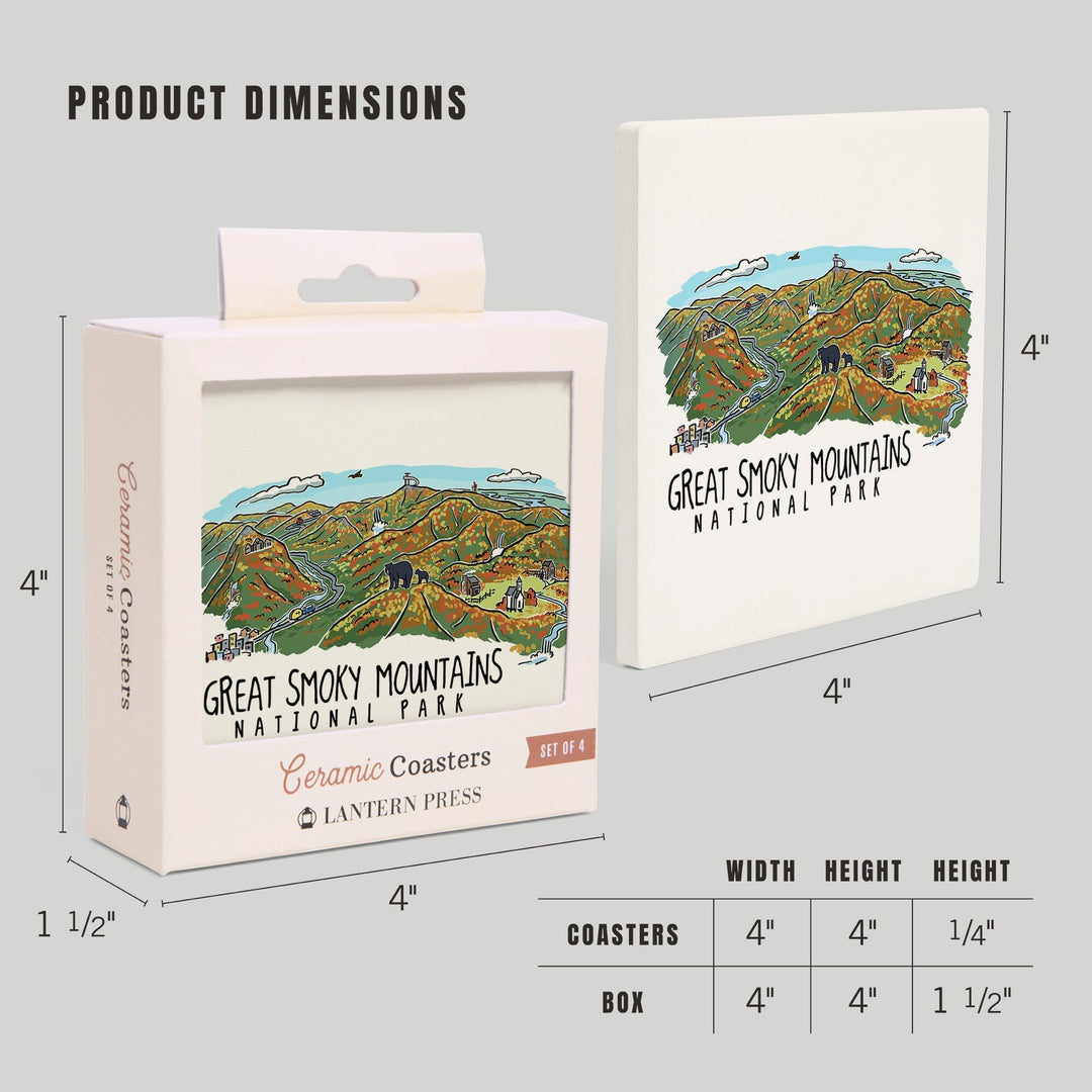 Great Smoky Mountains National Park, Tennessee, Line Drawing, Fall Version Press, Coasters Coasters Lantern Press 