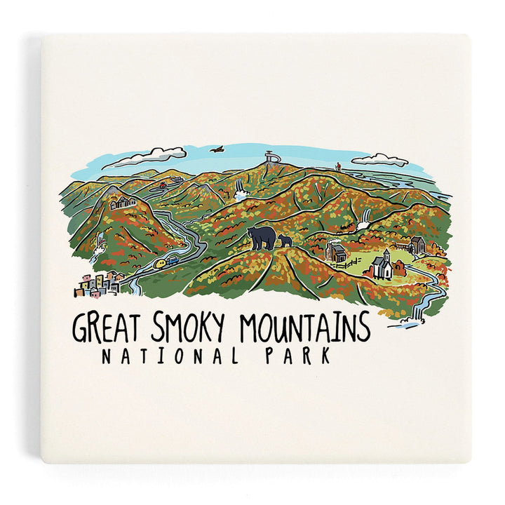 Great Smoky Mountains National Park, Tennessee, Line Drawing, Fall Version Press, Coasters Coasters Lantern Press 