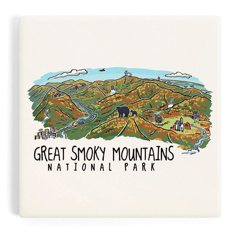 Great Smoky Mountains National Park, Tennessee, Line Drawing, Fall Version Press, Coasters Coasters Lantern Press 