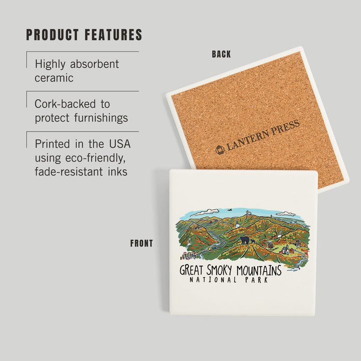 Great Smoky Mountains National Park, Tennessee, Line Drawing, Fall Version Press, Coasters Coasters Lantern Press 