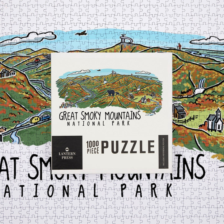 Great Smoky Mountains National Park, Tennessee, Line Drawing, Fall Version Press, Jigsaw Puzzle Puzzle Lantern Press 
