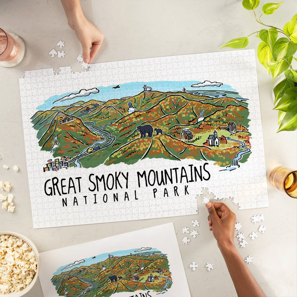 Great Smoky Mountains National Park, Tennessee, Line Drawing, Fall Version Press, Jigsaw Puzzle Puzzle Lantern Press 