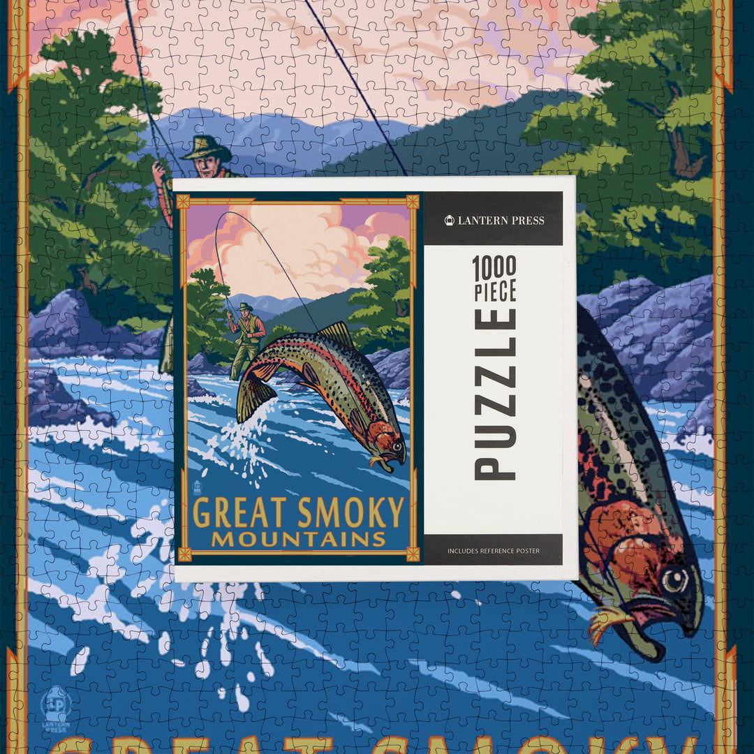 Great Smoky Mountains National Park, Tennessee, Painterly, Angler Fly Fishing Scene, Jigsaw Puzzle Puzzle Lantern Press 