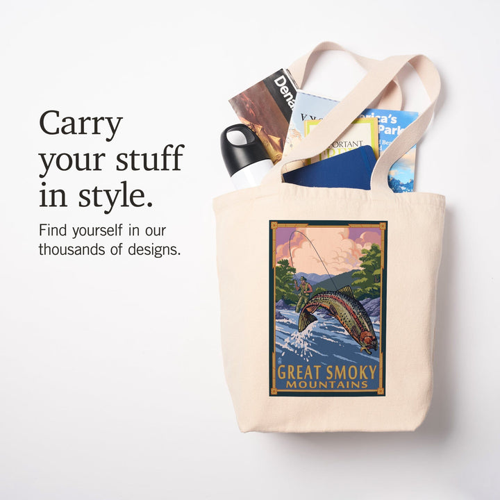 Great Smoky Mountains National Park, Tennessee, Painterly, Angler Fly Fishing Scene, Tote Bag Totes Lantern Press 