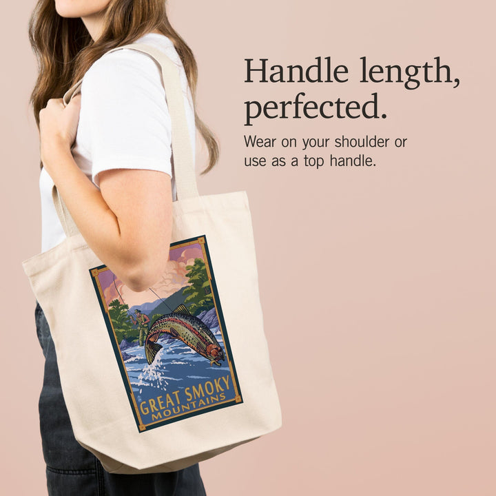 Great Smoky Mountains National Park, Tennessee, Painterly, Angler Fly Fishing Scene, Tote Bag Totes Lantern Press 