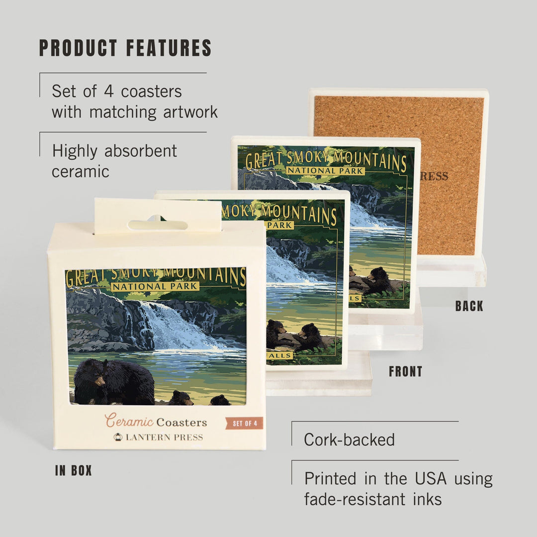 Great Smoky Mountains National Park, Tennesseee, Abrams Falls, Lantern Press Artwork, Coaster Set - Lantern Press