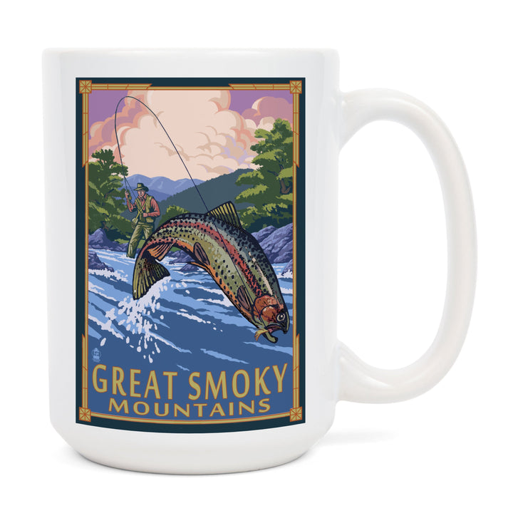 Great Smoky Mountains National Park, Tennesseee, Angler Fly Fishing Scene, Lantern Press Artwork, Ceramic Mug Mugs Lantern Press 