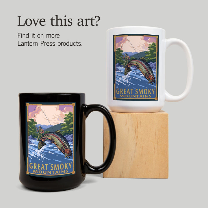 Great Smoky Mountains National Park, Tennesseee, Angler Fly Fishing Scene, Lantern Press Artwork, Ceramic Mug Mugs Lantern Press 
