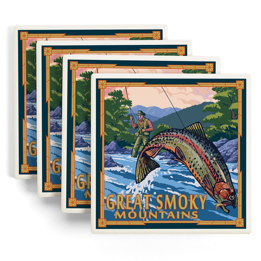 Great Smoky Mountains National Park, Tennesseee, Angler Fly Fishing Scene, Lantern Press Artwork, Coaster Set - Lantern Press